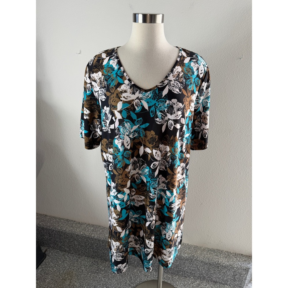Ulla Popken Plus 16/18 Abstract V Neck Stretch Tunic Top Blue Brown Ivory Shirt